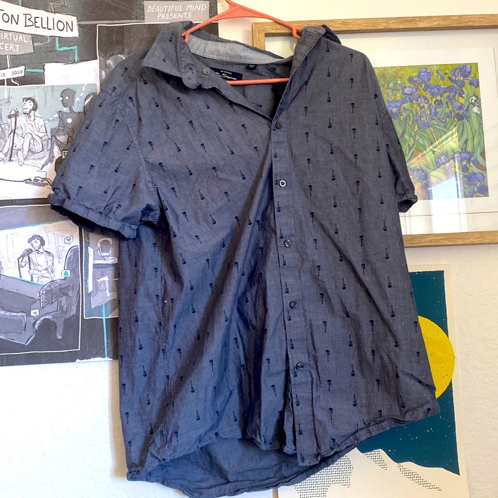Blue Button Up With Musical Guitar Pattern